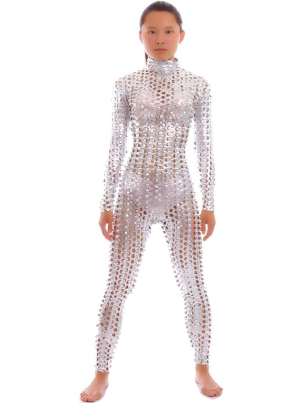 Unisex Silver Hollow-Carved Shiny Dancewear Catsuit Classic Bodycon Jumpsuit